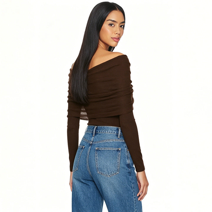 VISSONG Ruched Off-Shoulder Mesh Overlay Top