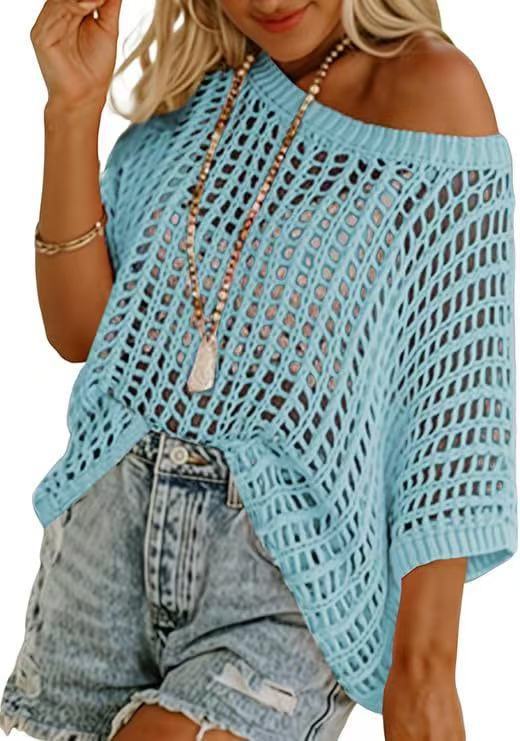 VISSONG Women’s Wide-Neck Openwork Batwing Knit Top