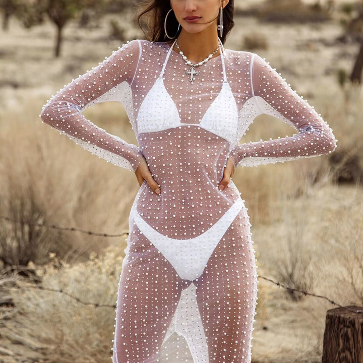 Women’s Pearl-Embellished Sheer Mesh Maxi Cover-Up Dress