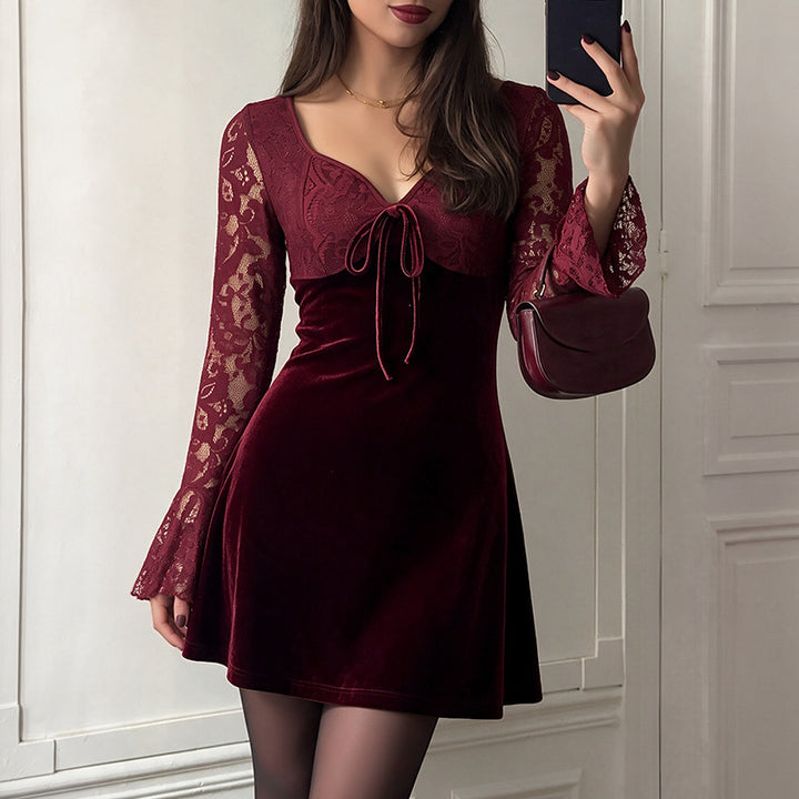 VISSONG Burgundy Velvet Lace Bell-Sleeve Mini Dress