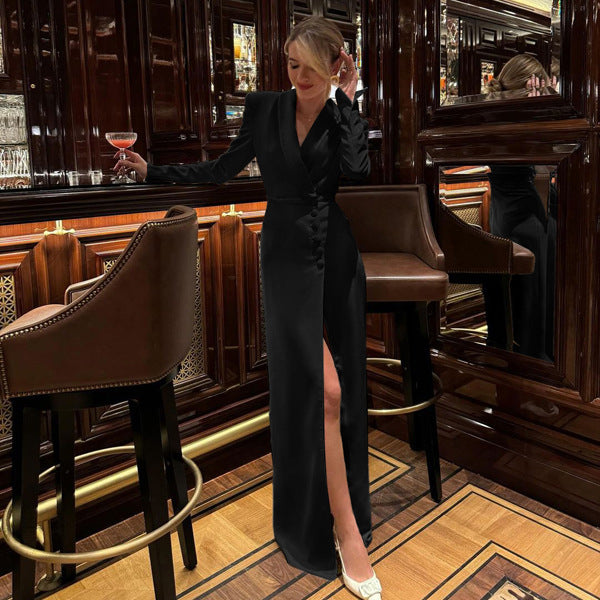 Asymmetric Button Blazer Maxi Dress