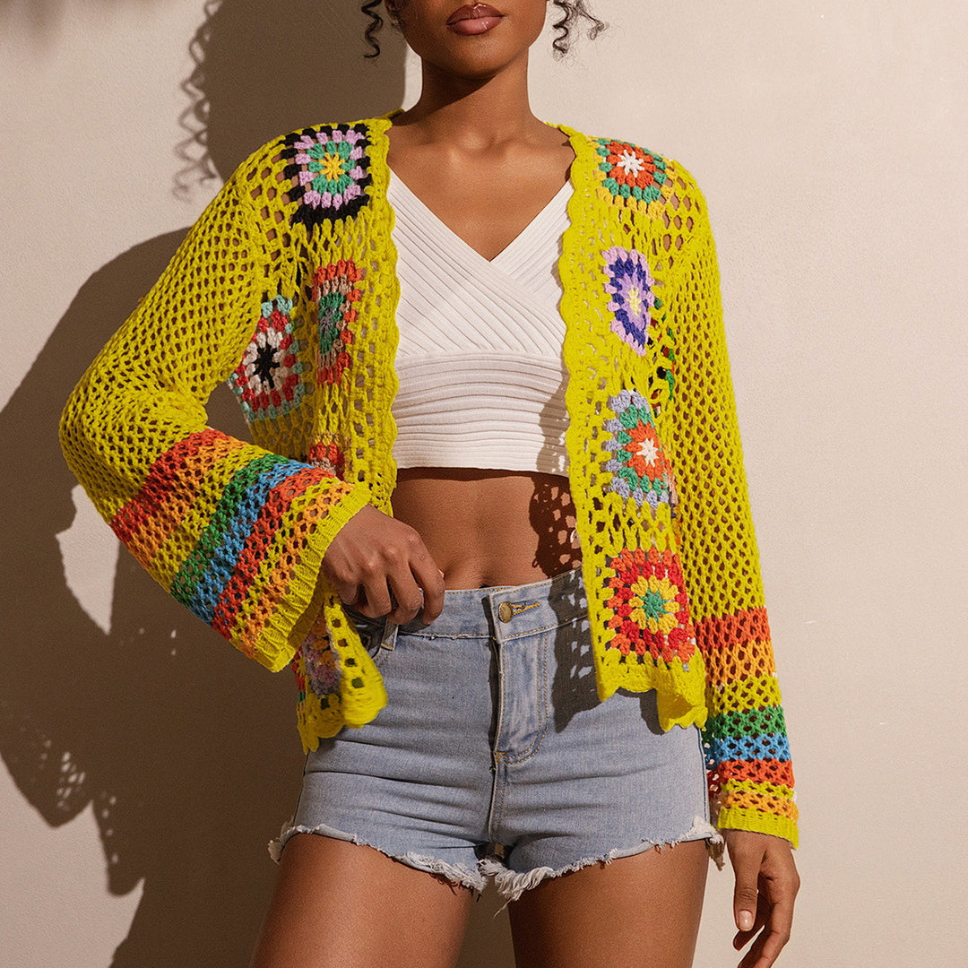 VISSONG Colorful Granny Square Crochet Cardigan