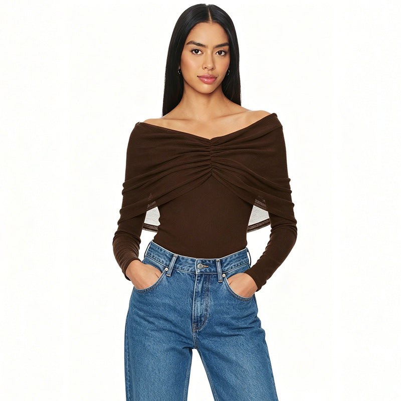 VISSONG Ruched Off-Shoulder Mesh Overlay Top