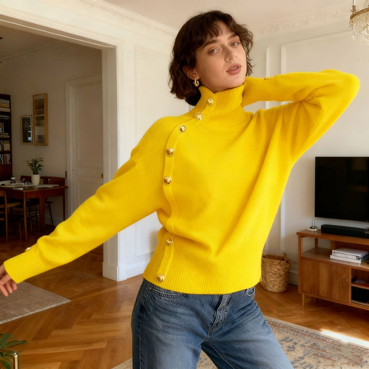 VISSONG Women’s Asymmetric Gold-Button Turtleneck Sweater