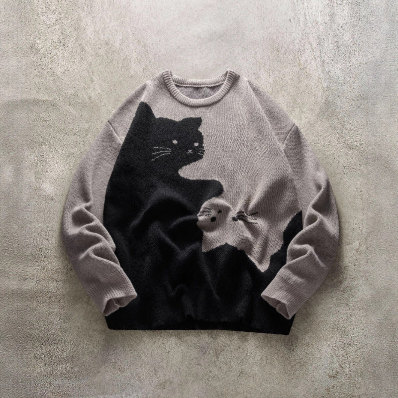 VISSONG Women’s Two-Cat Colorblock Crewneck Knit Sweater