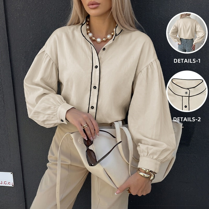 Contrast-Piped Stand-Collar Blouson-Sleeve Shirt