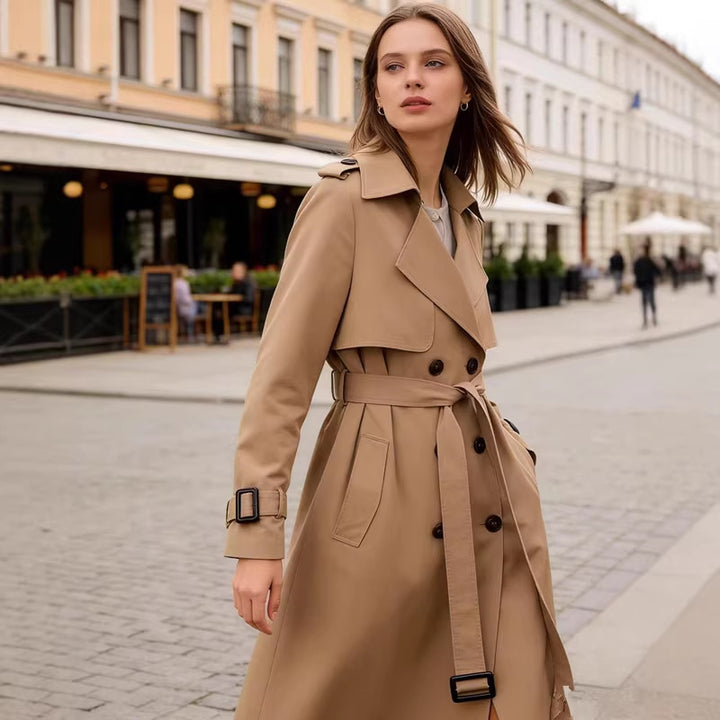 VISSONG Women’s Belted Storm-Flap Longline Trench Coat