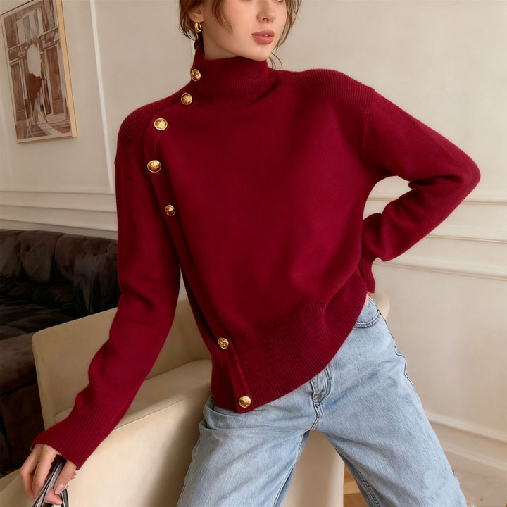 VISSONG Women’s Asymmetric Gold-Button Turtleneck Sweater
