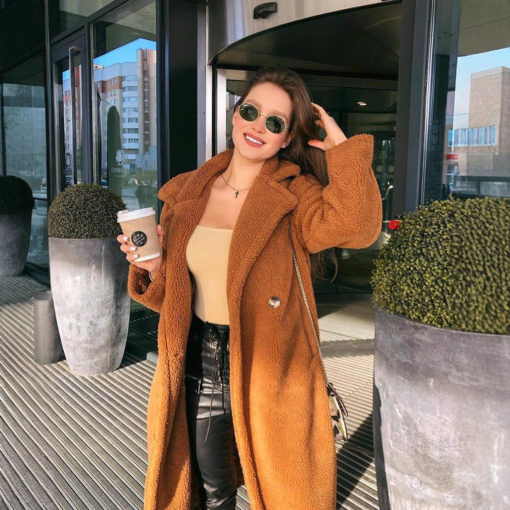 VISSONG Women’s Plush Notched-Lapel Longline Coat
