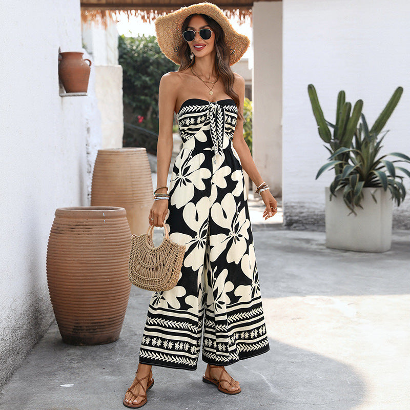 Strapless Tie-Front Floral Wide-Leg Jumpsuit