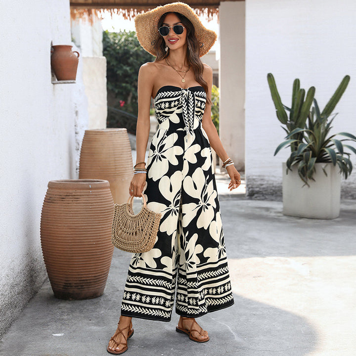 Strapless Tie-Front Floral Wide-Leg Jumpsuit