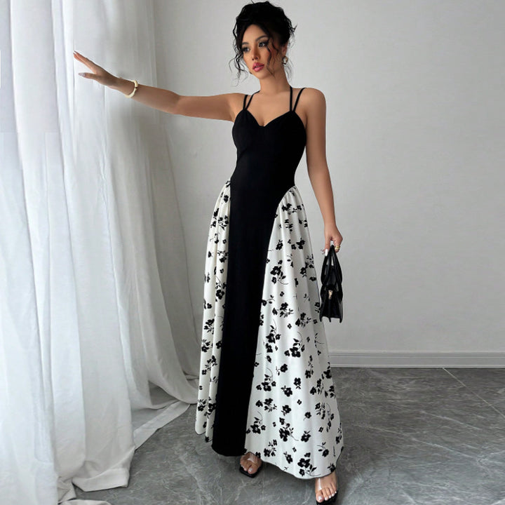 Women’s Sweetheart Contrast Floral-Panel Maxi Dress