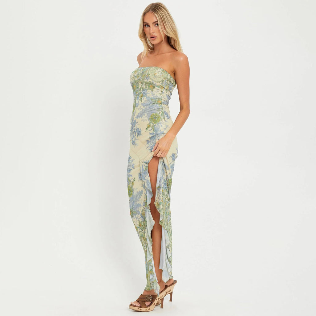 Women’s Floral Mesh Strapless Maxi Dress