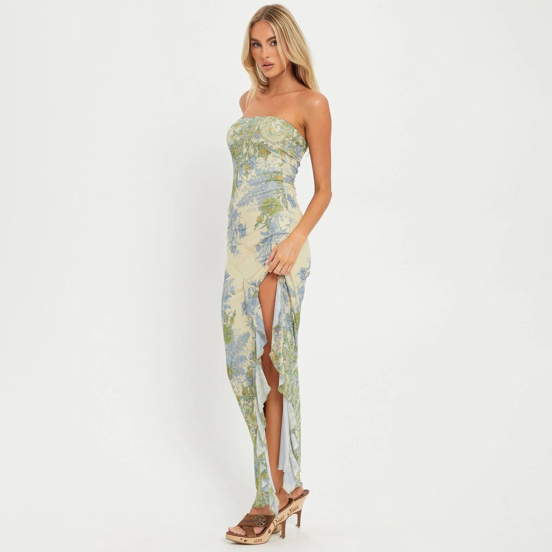 Women’s Floral Mesh Strapless Maxi Dress
