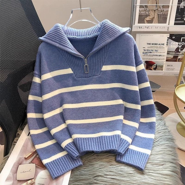 VISSONG Women’s Striped Zip-Neck Collared Knit Sweater