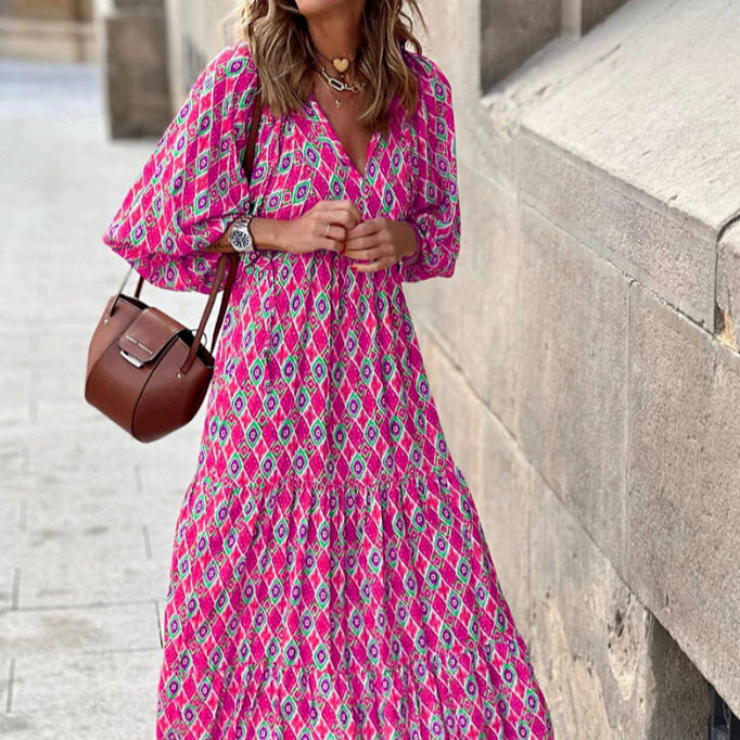 VISSONG Women’s Boho Print Balloon-Sleeve Tiered Maxi Dress