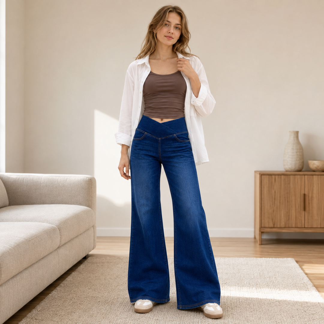 Crossover-Waist Flare Jeans
