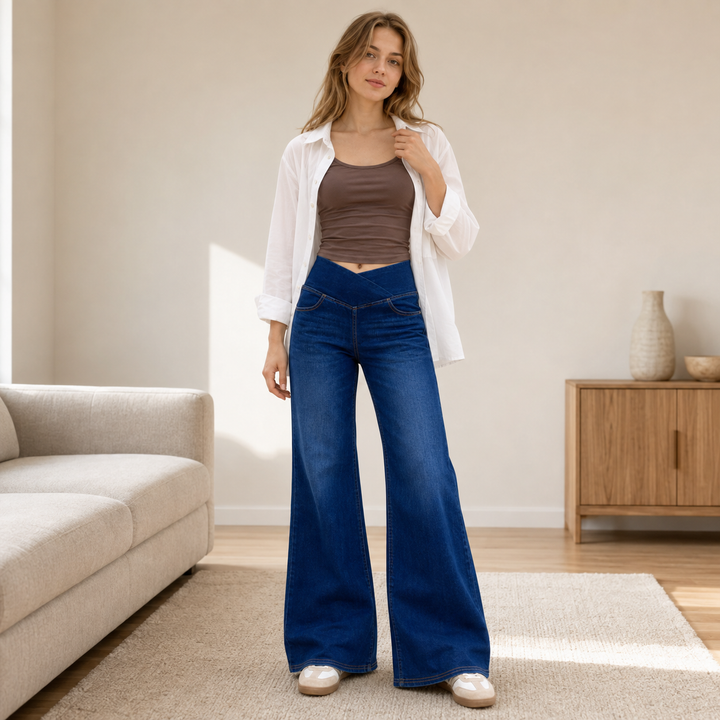 Crossover-Waist Flare Jeans