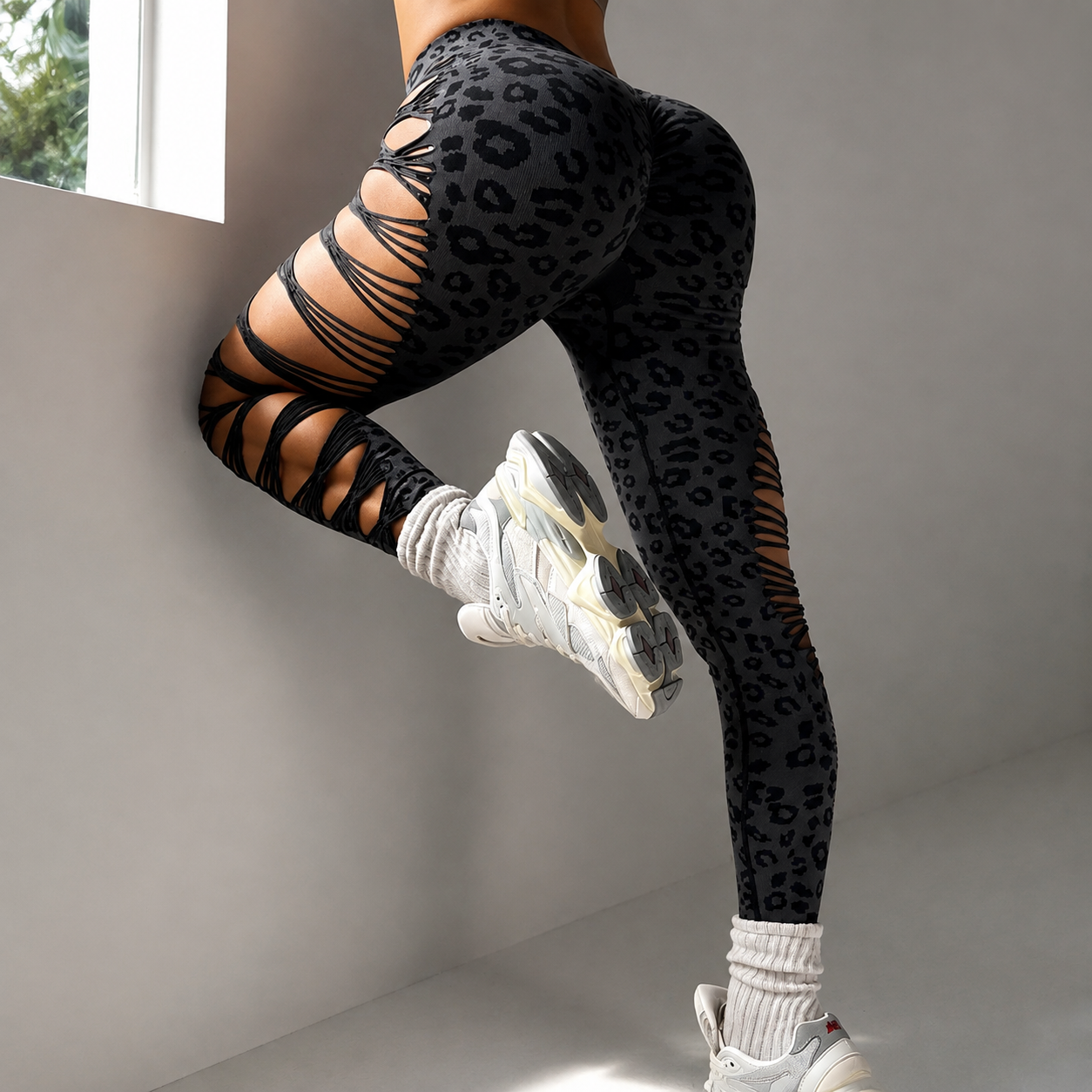 Women's Lace Up Leopard High Waist Sculpting Leggings