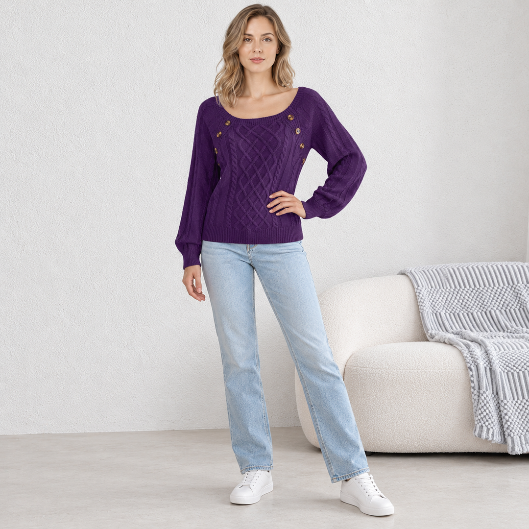 VISSONG Women’s Button-Trim Diamond Cable Knit Sweater