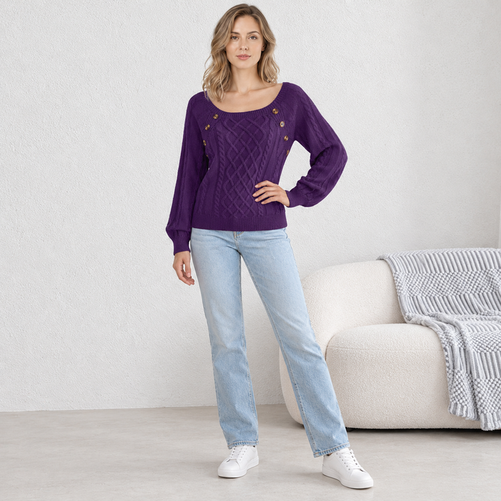 VISSONG Women’s Button-Trim Diamond Cable Knit Sweater