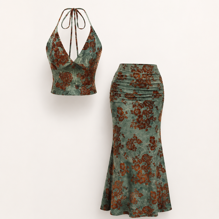 Vintage Floral Halter Top &amp; Maxi Skirt Set