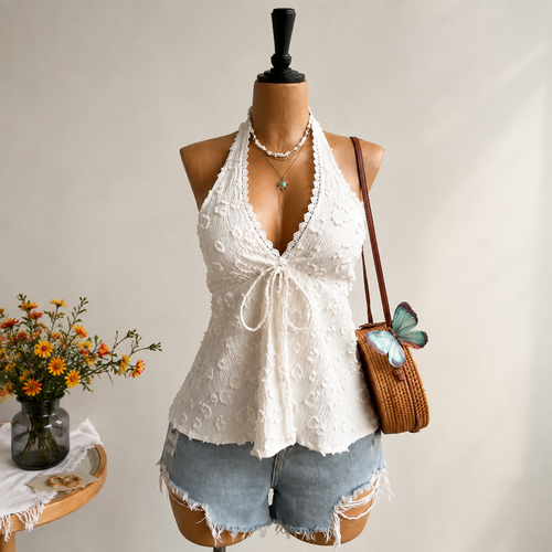 Lace Tie Front Halter Top