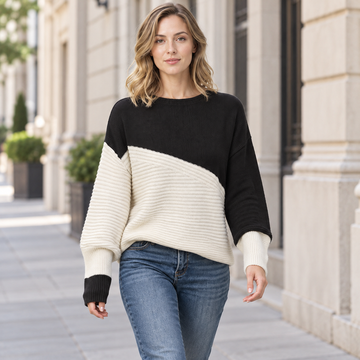VISSONG Women’s Diagonal Colorblock Mixed-Knit Sweater