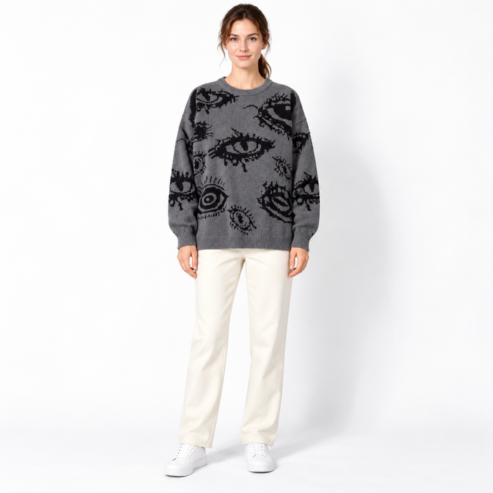 VISSONG Abstract Eye Motif Relaxed Knit Sweater