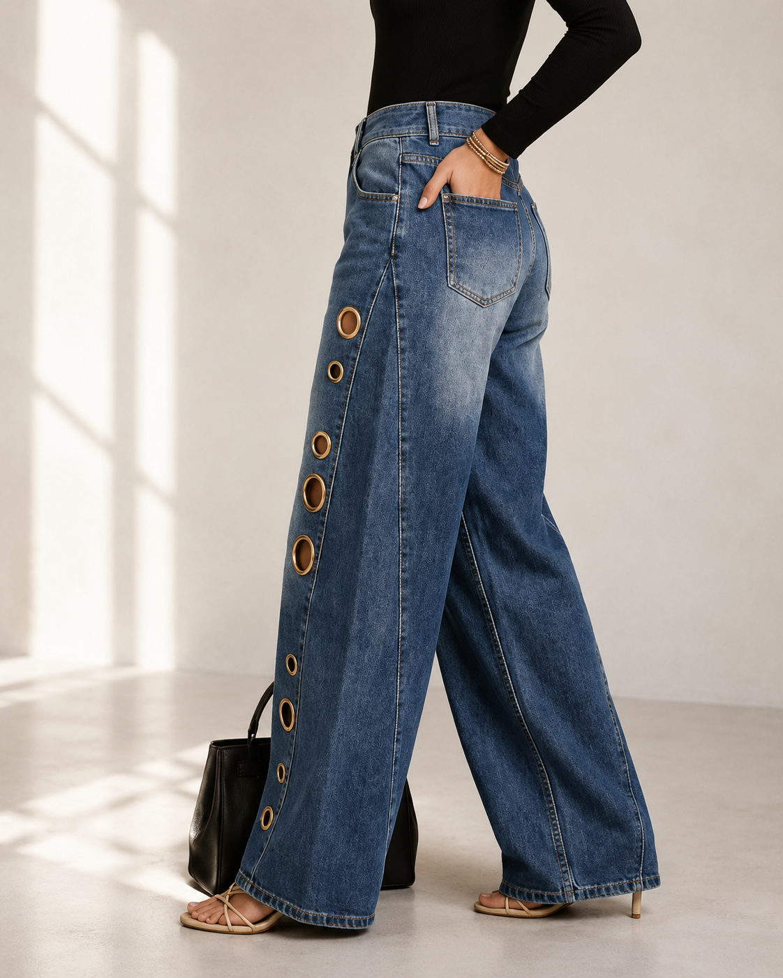 Women's High Waist Eyelet Wide Leg Denim Jeans