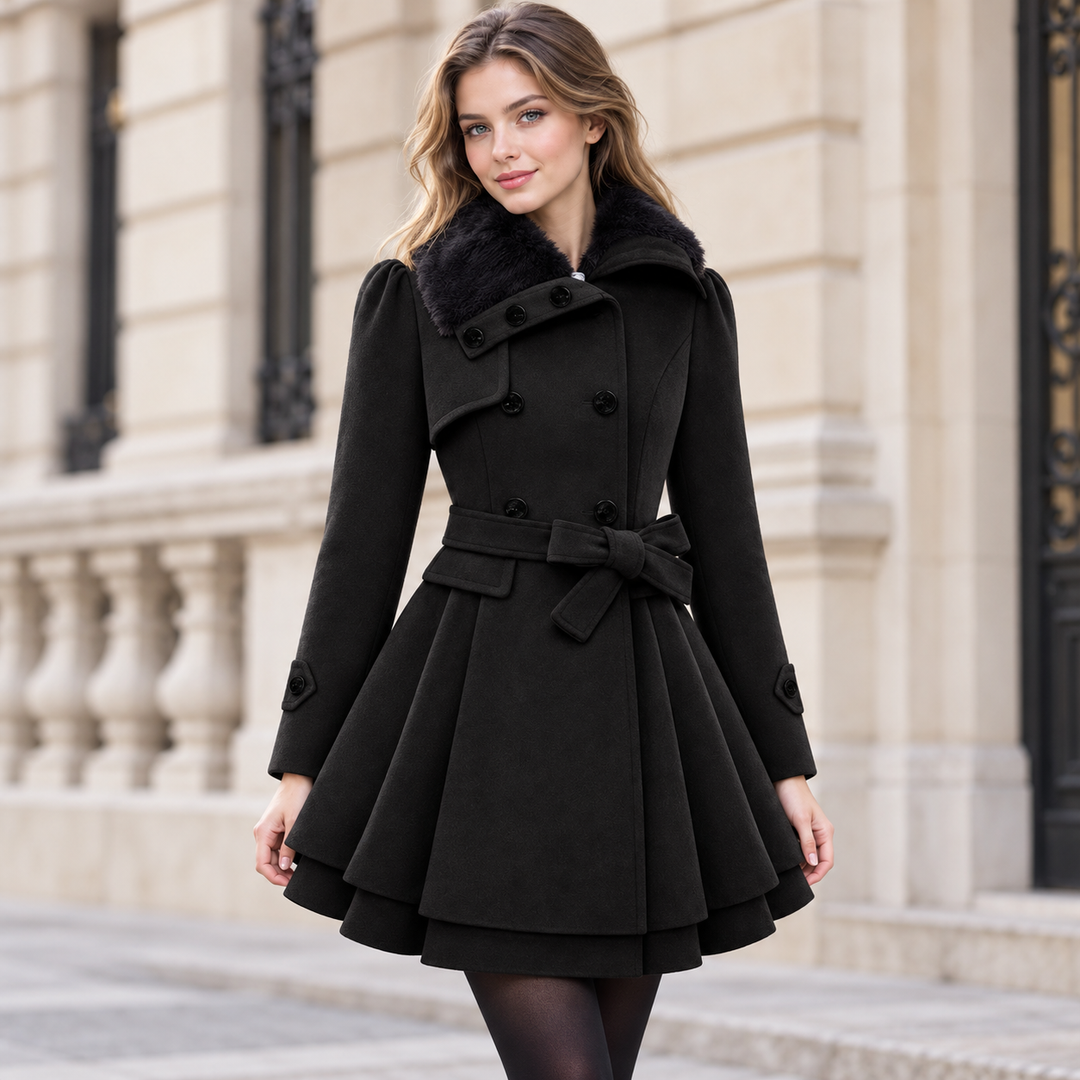 VISSONG Women’s Plush-Collar Bow-Waist Fit-and-Flare Coat