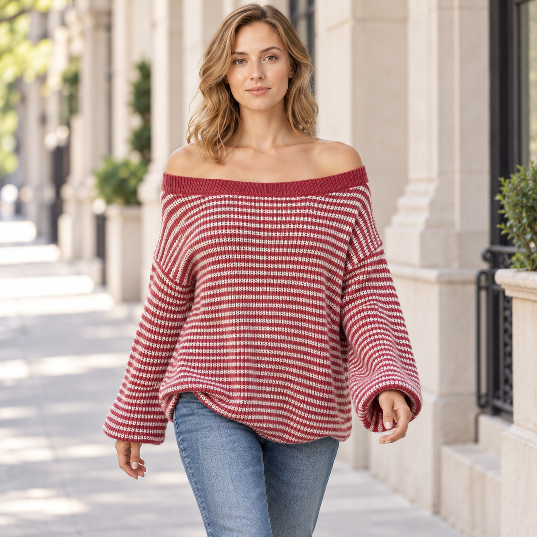 VISSONG Women’s Wide-Neck Fine-Stripe Relaxed Knit Sweater