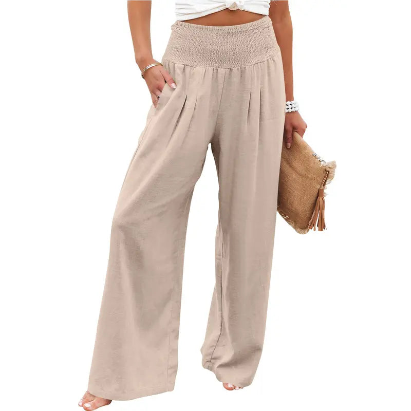 VISSONG Women’s Smocked High-Waist Pleated Palazzo Pants