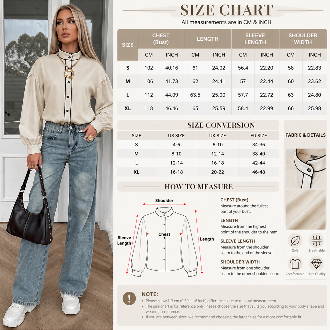 Contrast-Piped Stand-Collar Blouson-Sleeve Shirt
