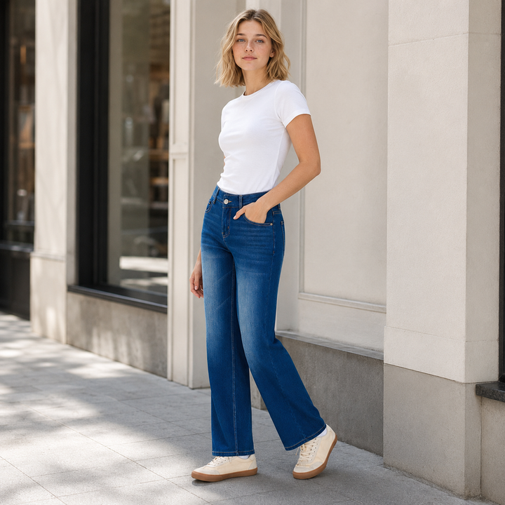 Crossover-Waist Straight-Leg Jeans