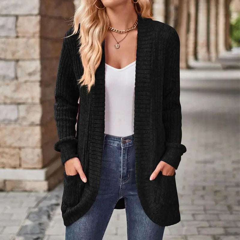 VISSONG Women’s Ribbed Open-Front Curved-Hem Pocket Cardigan