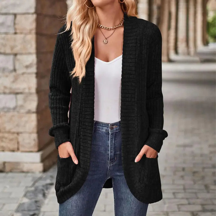 VISSONG Women’s Ribbed Open-Front Curved-Hem Pocket Cardigan