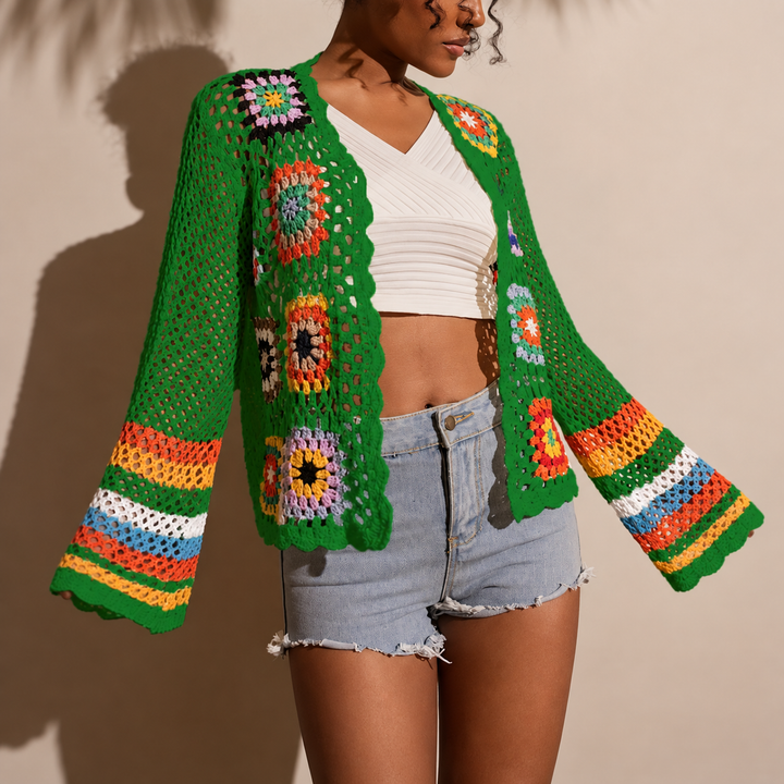 VISSONG Colorful Granny Square Crochet Cardigan