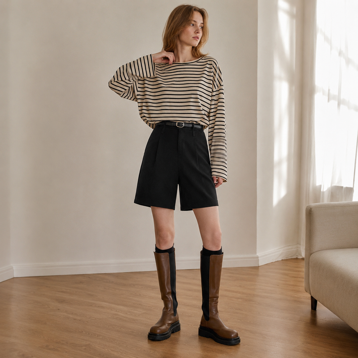 High-Waist Pleated Bermuda Shorts