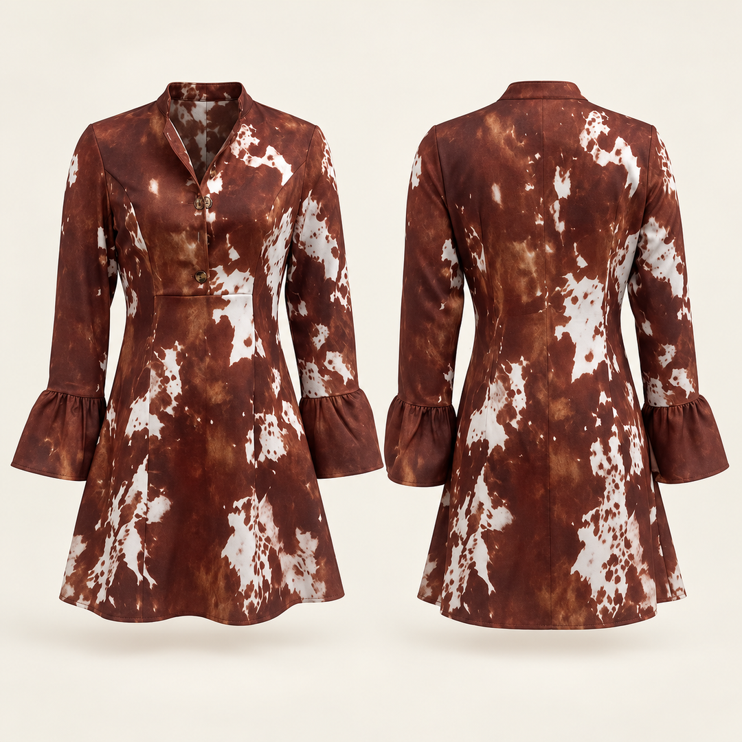 Women’s Western-Inspired Cow Print Bell-Sleeve Mini Dress
