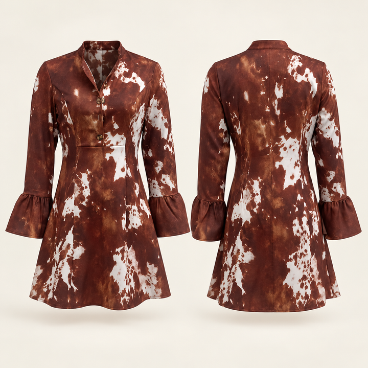 Women’s Western-Inspired Cow Print Bell-Sleeve Mini Dress