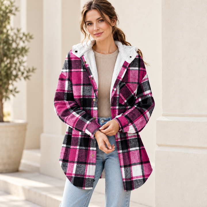 VISSONG Women’s Plush-Hood Plaid Snap-Front Shacket