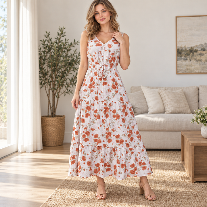 Floral Drawstring-Waist Tiered Maxi Dress