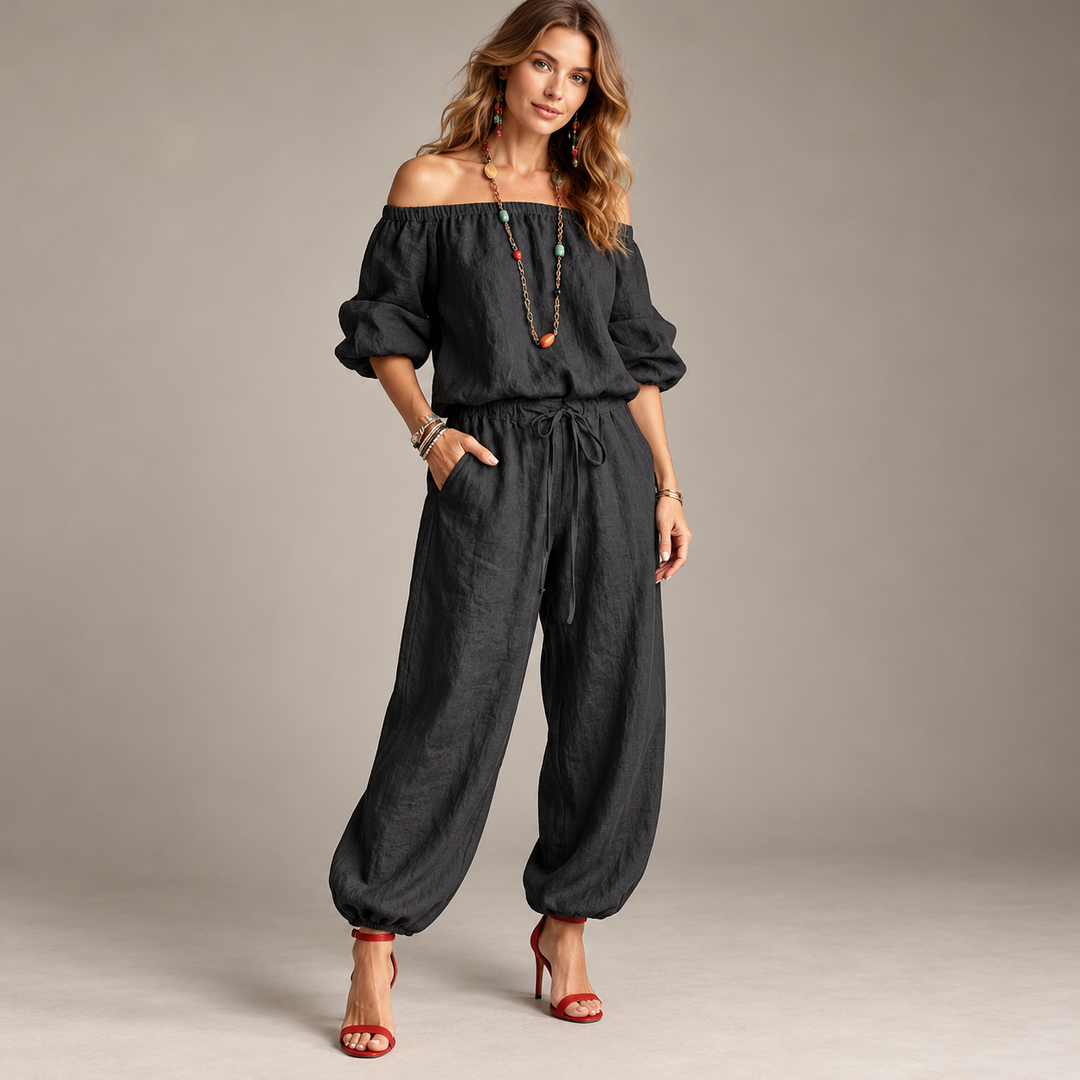 VISSONG Women’s Off-Shoulder Drawstring Balloon-Leg Jumpsuit