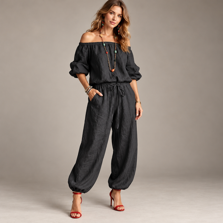 VISSONG Women’s Off-Shoulder Drawstring Balloon-Leg Jumpsuit