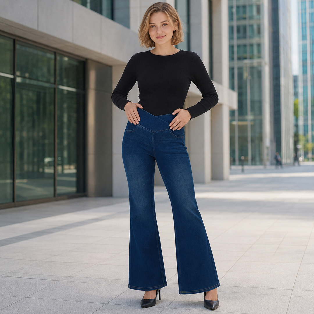 Crossover-Waist Flare Jeans