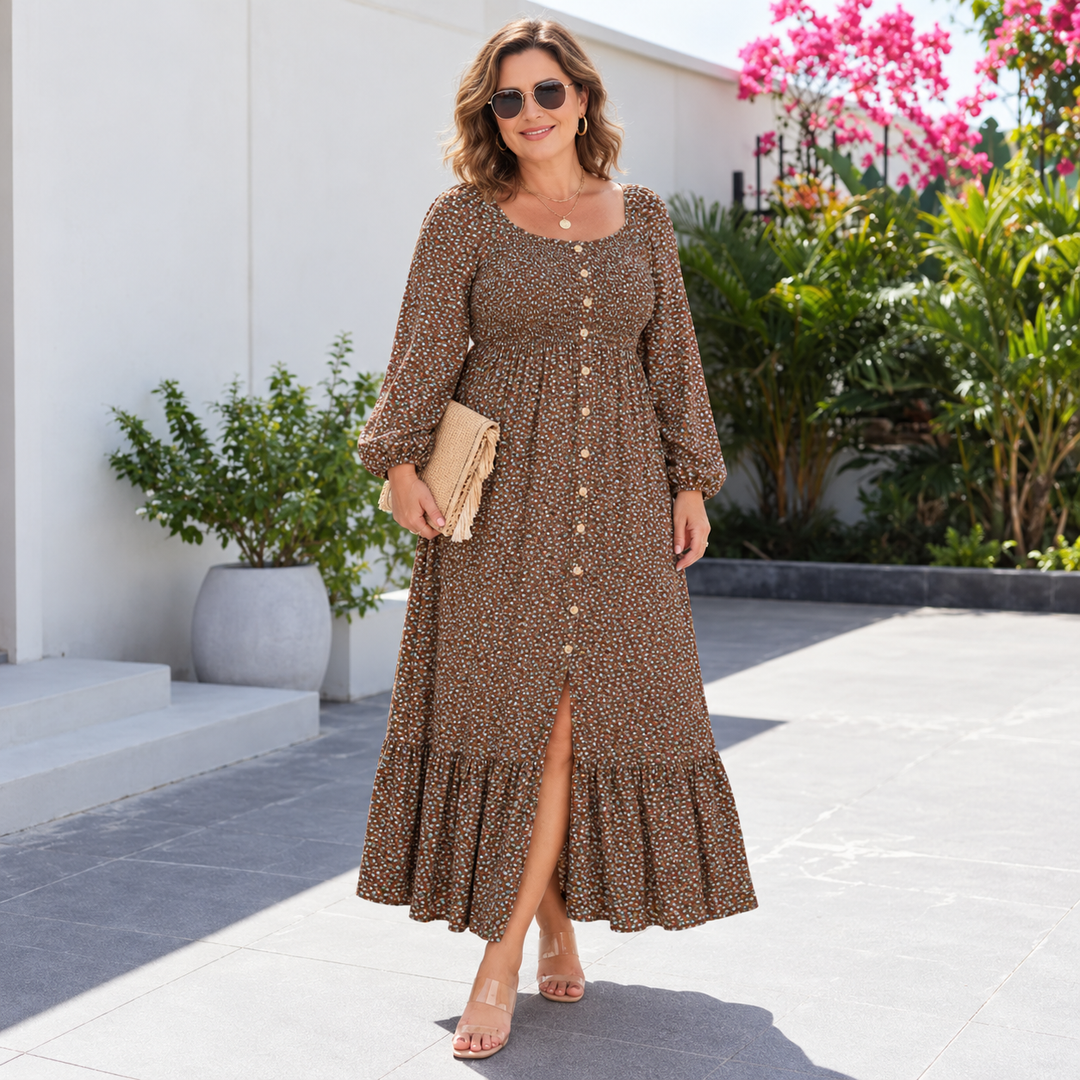 VISSONG Women’s Printed Smocked-Bodice Long-Sleeve Maxi Dress