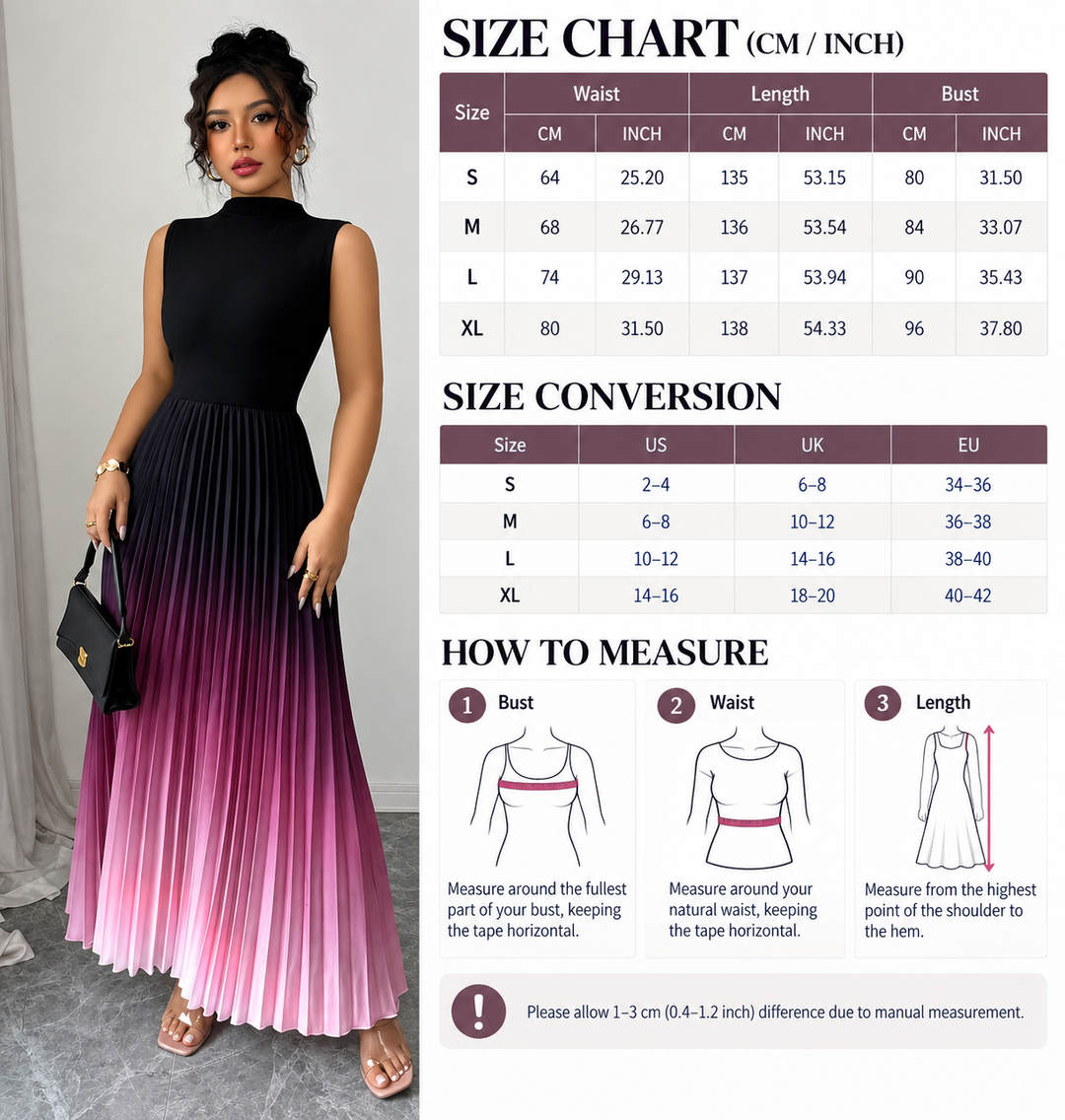 VISSONG Women’s Mock-Neck Ombré Pleated Maxi Dress