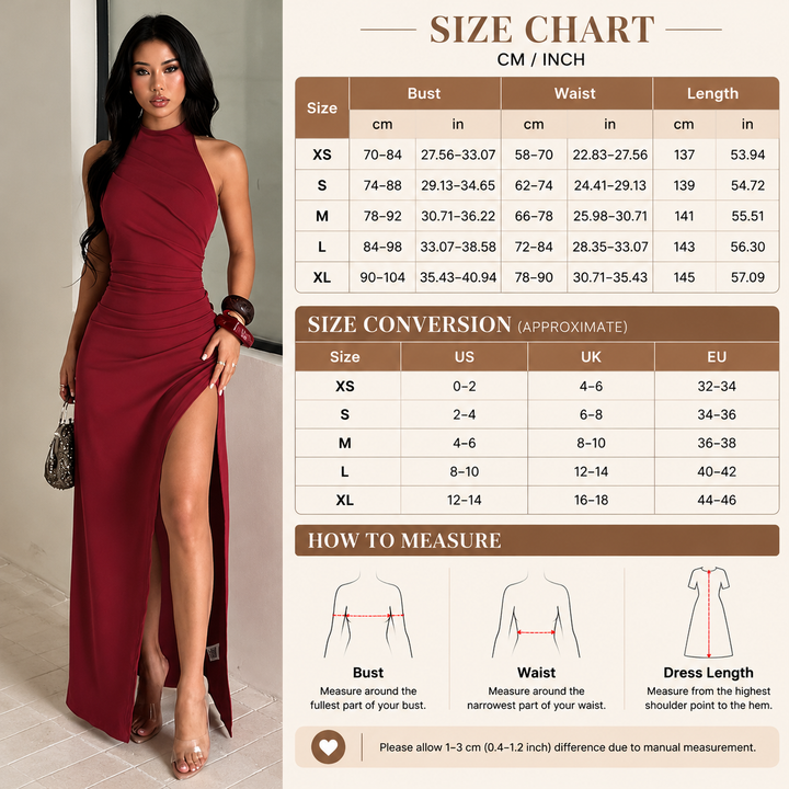 Women’s High-Neck Halter Ruched High-Slit Maxi Dress