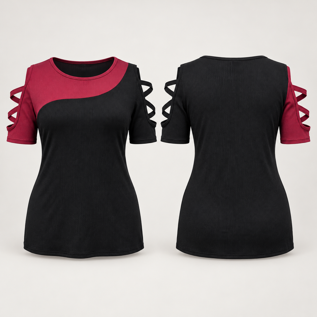 VISSONG Women’s Wave Colorblock Lattice-Sleeve Top